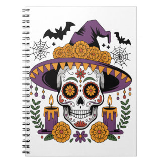 Caderno Espiral Caveira com Chapéu de Bruxa Vetor de Halloween