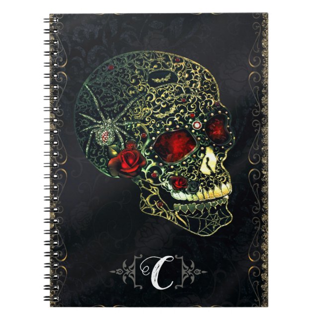 Caderno Espiral Caveira de Aranha e Rosas Glam - Filigrana Gótica (Frente)