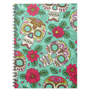 Caderno Espiral Caveira e Flores. Um Fundo Ininterrupto. da mexica