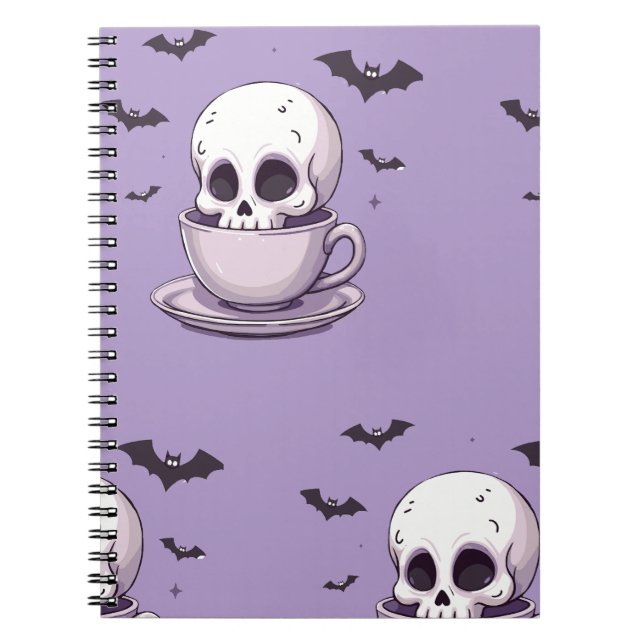 Caderno Espiral Caveira Pastel Goth em Xícara de Chá (Frente)