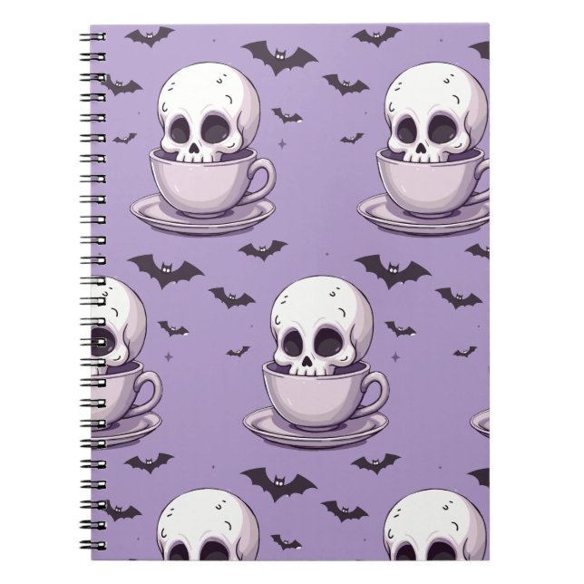 Caderno Espiral Caveira Pastel Goth em Xícara de Chá (Frente)