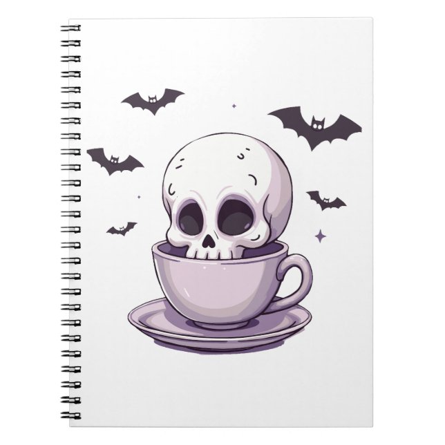 Caderno Espiral Caveira Pastel Goth em Xícara de Chá (Frente)