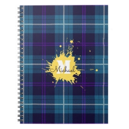 Caderno Espiral Celadon Xadrez Azul Tartan Amarelo Monograma