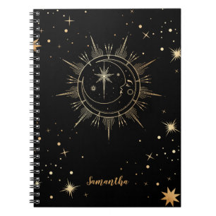 Caderno Espiral Celestial Black e Faux Dourado Moon Sun Name