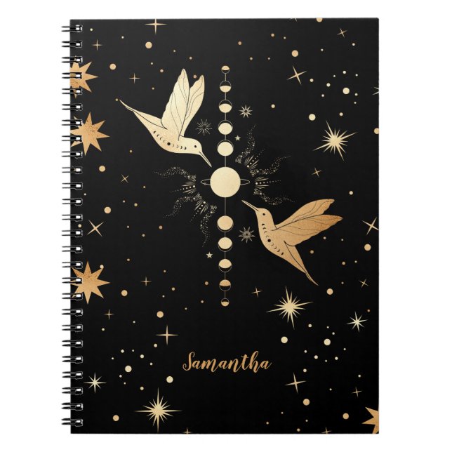 Caderno Espiral Celestial Black Hummingbird Moon Phases Nome (Frente)