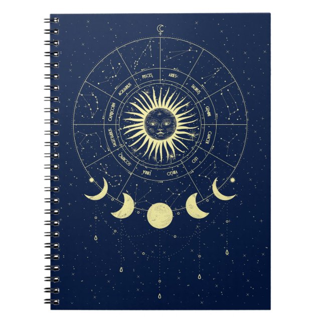 Caderno Espiral Celestial Sun Moon Fases Zodiac (Frente)
