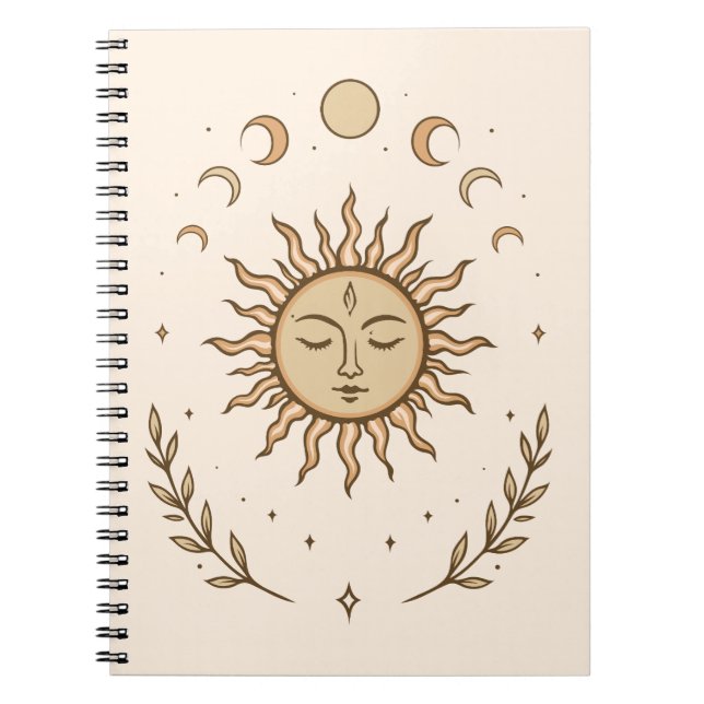 Caderno Espiral Celestial Sun Moon Phases Mystical Botanical Art (Frente)