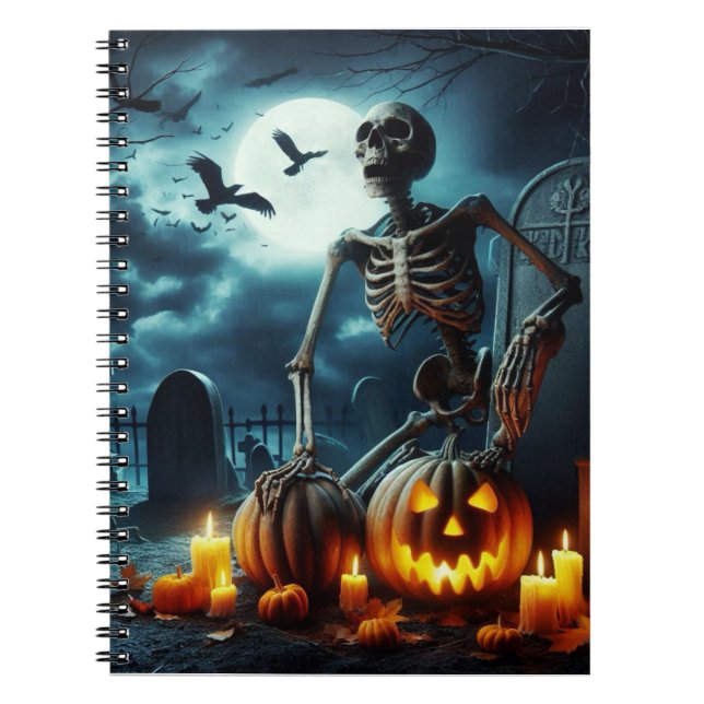 Caderno Espiral Cemitério, esqueleto sentado numa cova. (Frente)