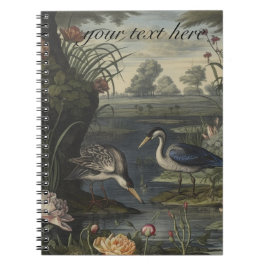 Caderno Espiral Cena botânica de gruas azuis por um rio