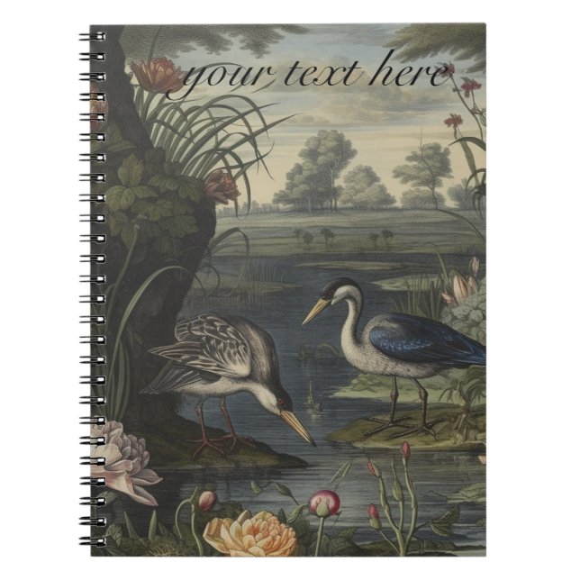 Caderno Espiral Cena botânica de gruas azuis por um rio (Frente)