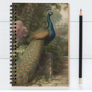 Caderno Espiral Cena botânica do pavão num jardim inglês
