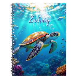 Caderno Espiral Cena Colorida de Tartaruga Marinha Subaquática  