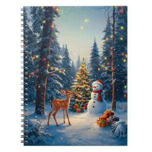 Caderno Espiral Cena da Árvore de Natal Fofo Deer Fawn Snowman