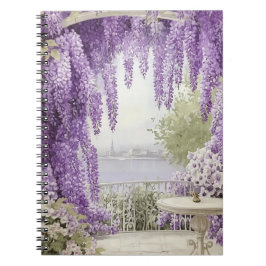 Caderno Espiral Cena da Frente de Água com Lilases Flutuantes