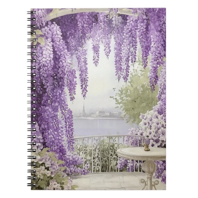 Caderno Espiral Cena da Frente de Água com Lilases Flutuantes (Frente)