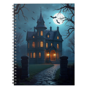 Caderno Espiral Cena de Casa Assombrada Misteriosa Lua Cheia Hallo
