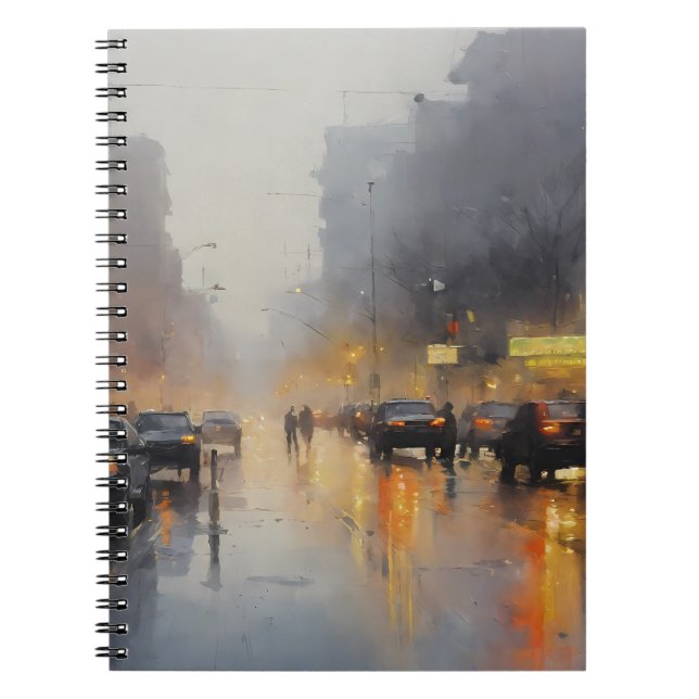Caderno Espiral Cena de Chuva da Noite Urbana (Frente)