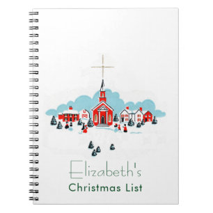 Caderno Espiral Cena de Natal com uma Igreja Vermelha e Estrela Ac