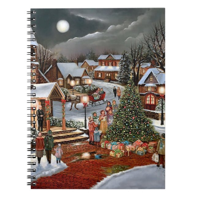 Caderno Espiral Cena de Natal vintage com paisagem nevada (Frente)