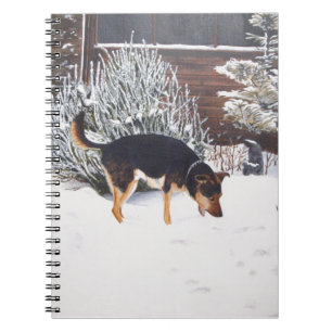 Caderno Espiral Cena de neve de inverno com preto giro e cão bronz