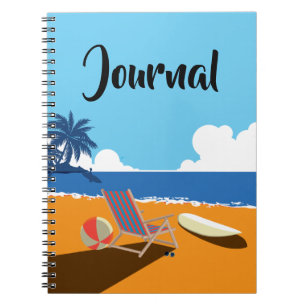 Caderno Espiral Cena de praia com Surfer, cadeira e laranja brilha