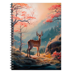 Caderno Espiral Cena Encantadora de Floresta de Cervos de Outono D