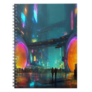 Caderno Espiral Cenário Urbano Cyberpunk Vibrante com Arcos