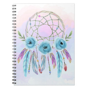 Caderno Espiral Cercador de Sonhos Aquarela Penas Rústico Boho Chi