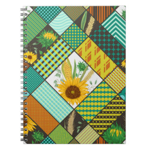 Caderno Espiral Cereais de retalhos, girassóis, padrão geométrico.