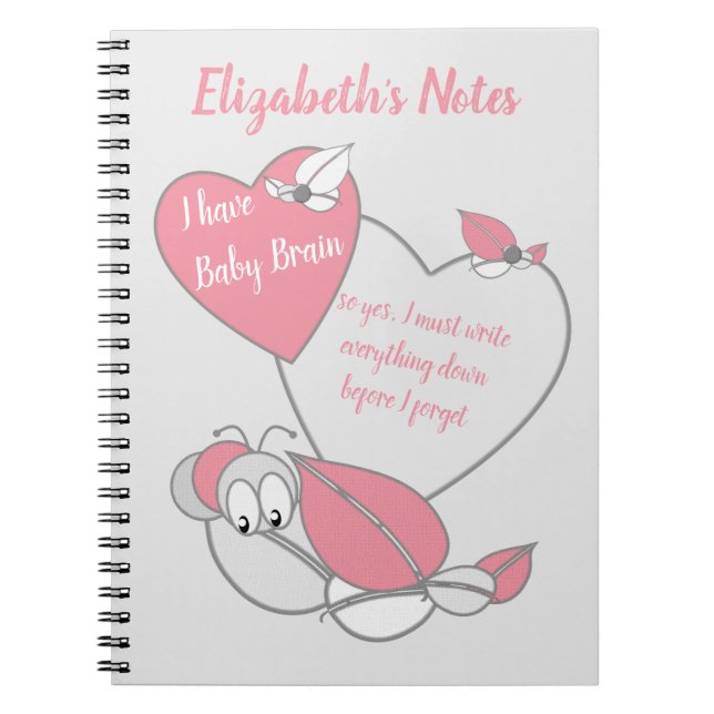 Caderno Espiral Cérebro de bebê rosa cinza lagarta fofa (Frente)