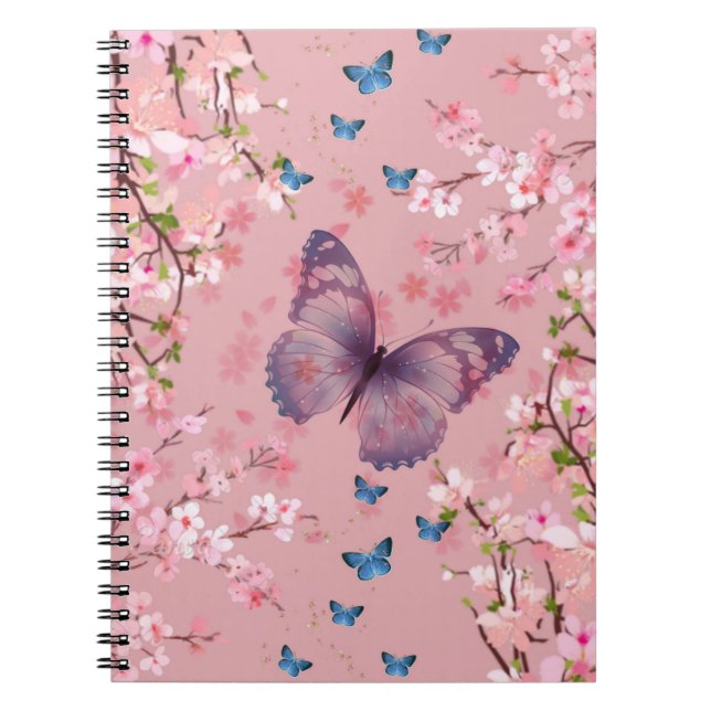 Caderno Espiral Cereja floresce com borboletas (Frente)