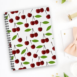 Caderno Espiral Cereja Vermelha, Padrão De Cerejas, Folhas, Fruta