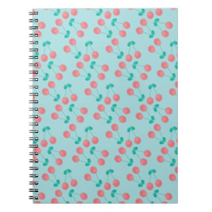Caderno Espiral Cerejas Pintadas à Mão Aquarela Rosa Azul Claro