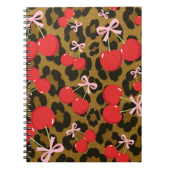 Caderno Espiral Cerejas Vermelhas com Laço Rosa Impressão de Leopa (Frente)