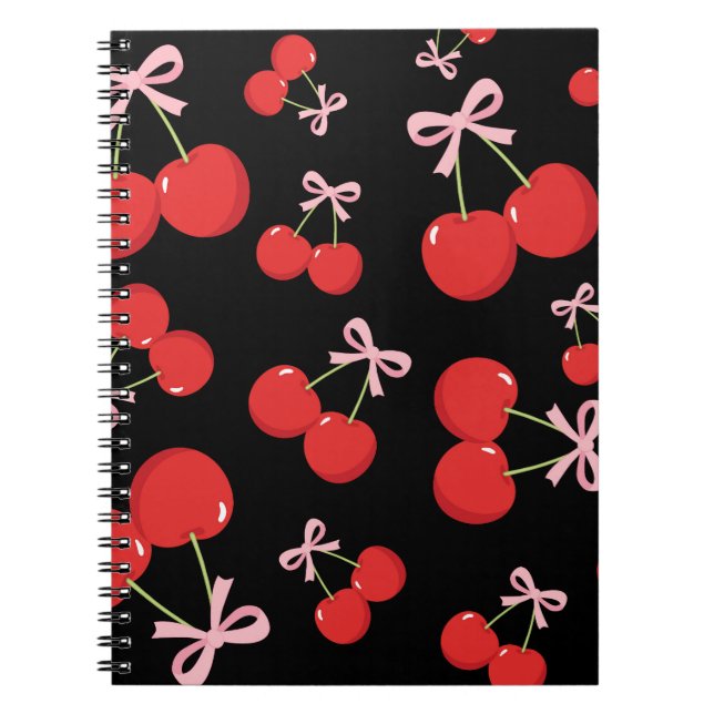 Caderno Espiral Cerejas Vermelhas com Laços Cor-de-Rosa Charme de  (Frente)