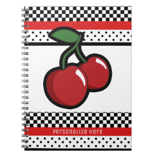 Caderno Espiral Cerejas Vermelhas Preto e Branco Retro Personaliza