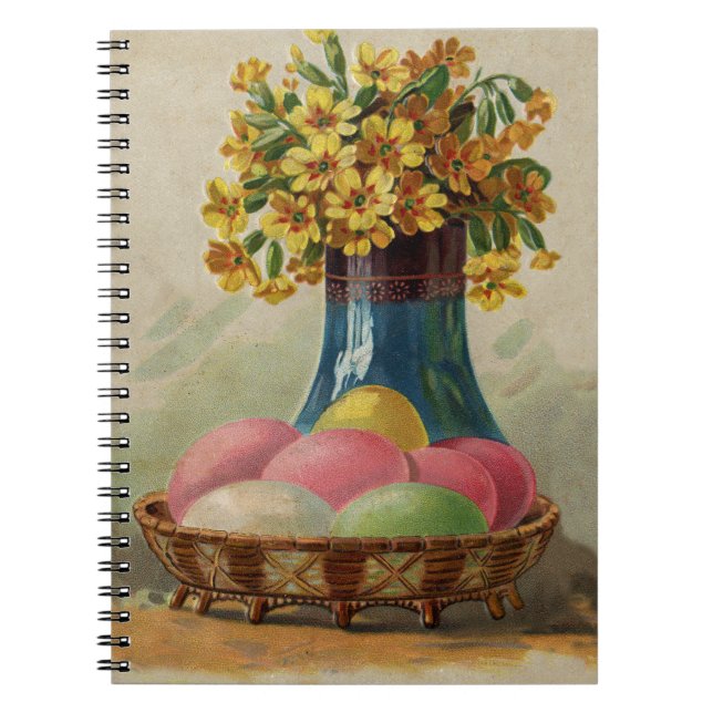 Caderno Espiral Cesta de Páscoa Ovos Flores Antigo (Frente)