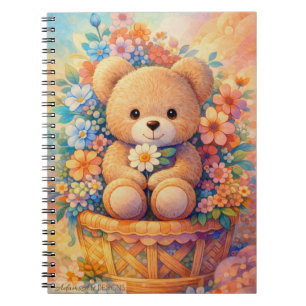 Caderno Espiral Cesta Floral de Urso Teddy Fofo Arte Pastel