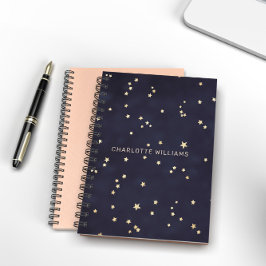 Caderno Espiral Céu Noturno E Douradas Estrelas Monograma Minimali