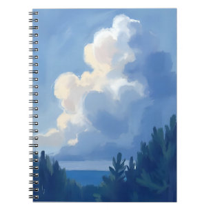 Caderno Espiral Céus Nublados   Pintura em Aquarela da Floresta Az