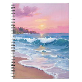 Caderno Espiral Céus Pastel Rosa | Ondas de Praia em Aquarela Oceâ