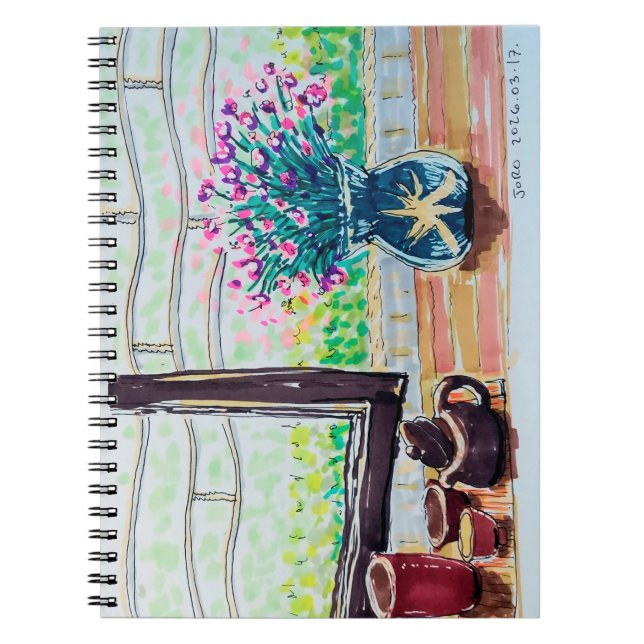 Caderno Espiral Chá e Flores à Janela (Frente)
