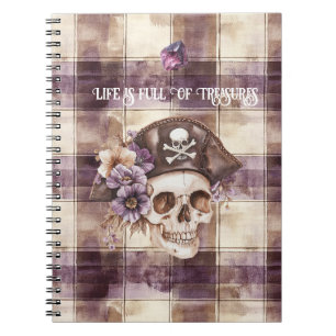 Caderno Espiral Chapéu de Caveira Roxo Bege Floral Ametista Tesour