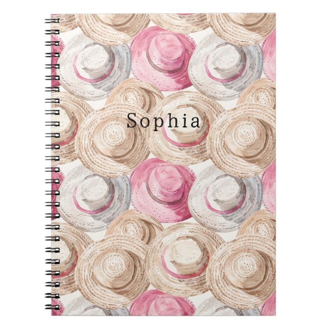 Caderno Espiral Chapéus de Palha Rosa Creme Branco (Frente)