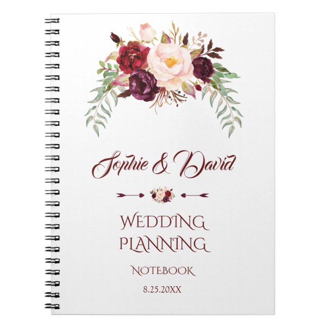 Caderno Espiral Charming Burgundy Marsala Floral WedPlanner (Frente)