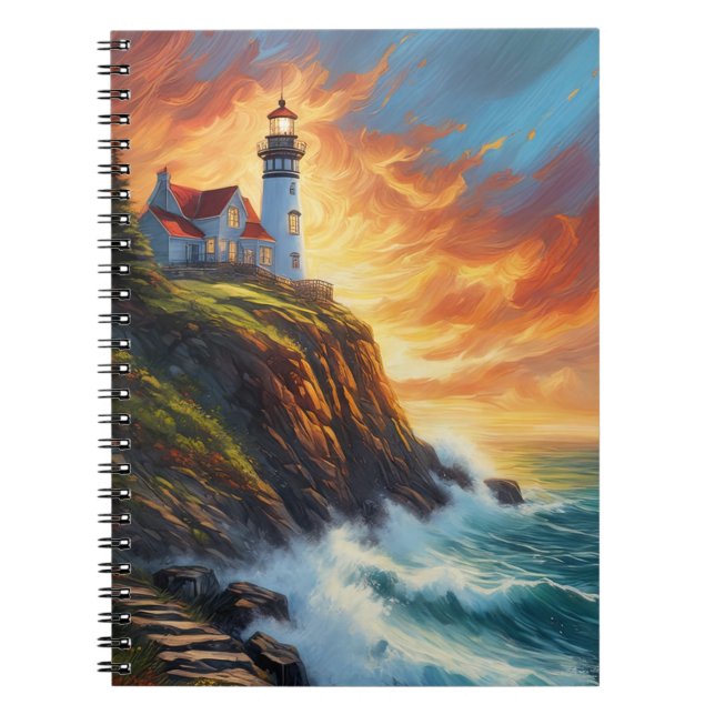 Caderno Espiral Charms à beira-mar: Casa e Farol com cobertura ver (Frente)