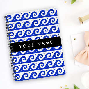 Caderno Espiral Chave Grega Meander, Chave Wave, Azul, Seu Nome