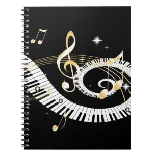 Caderno Espiral Chaves do piano e notas douradas da música