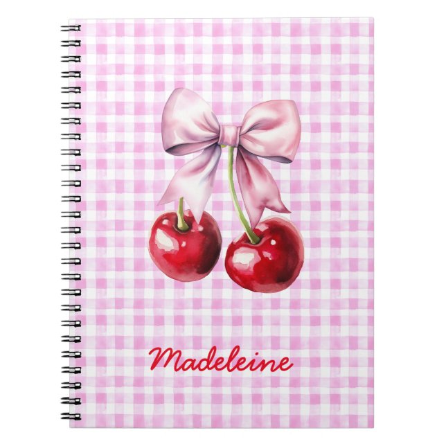 Caderno Espiral Cherry with Cute Pink Bow on Gingham Custom Name (Frente)