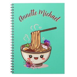 Caderno Espiral Chibi Cartoon Mint Green Ramen Bowl Japanese Flora